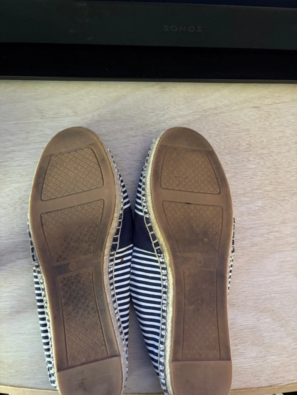 Tory Burch navy / white stripe espadrilles with gold logo